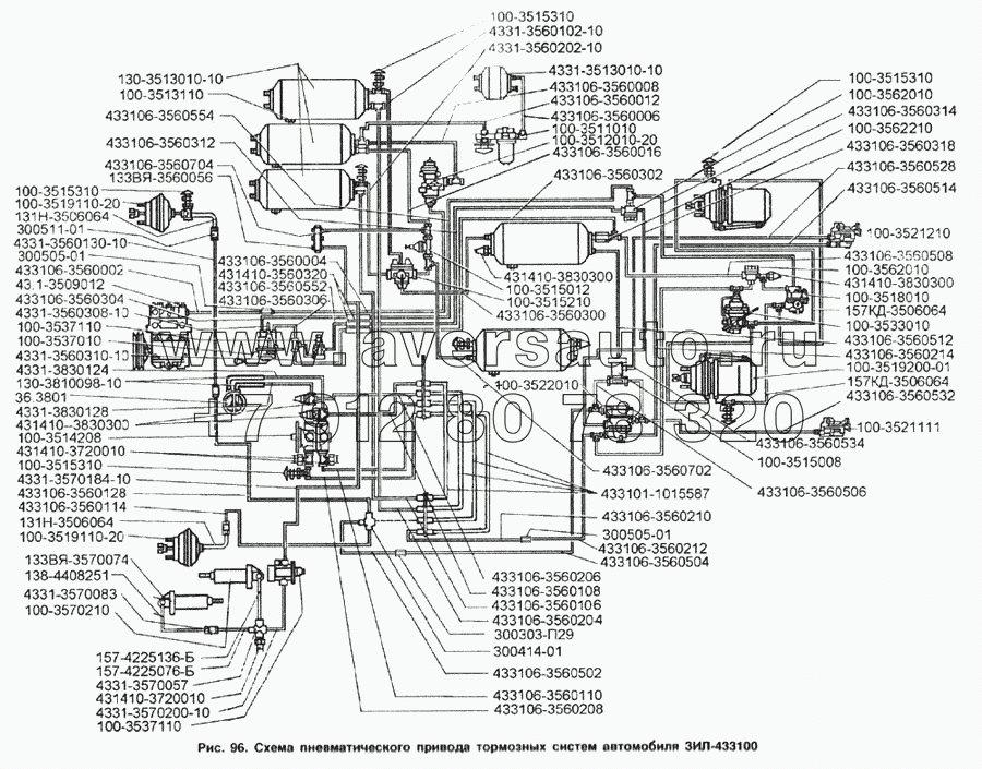 Схема пневматического привода тормозных систем автомобиля ЗИЛ-433100